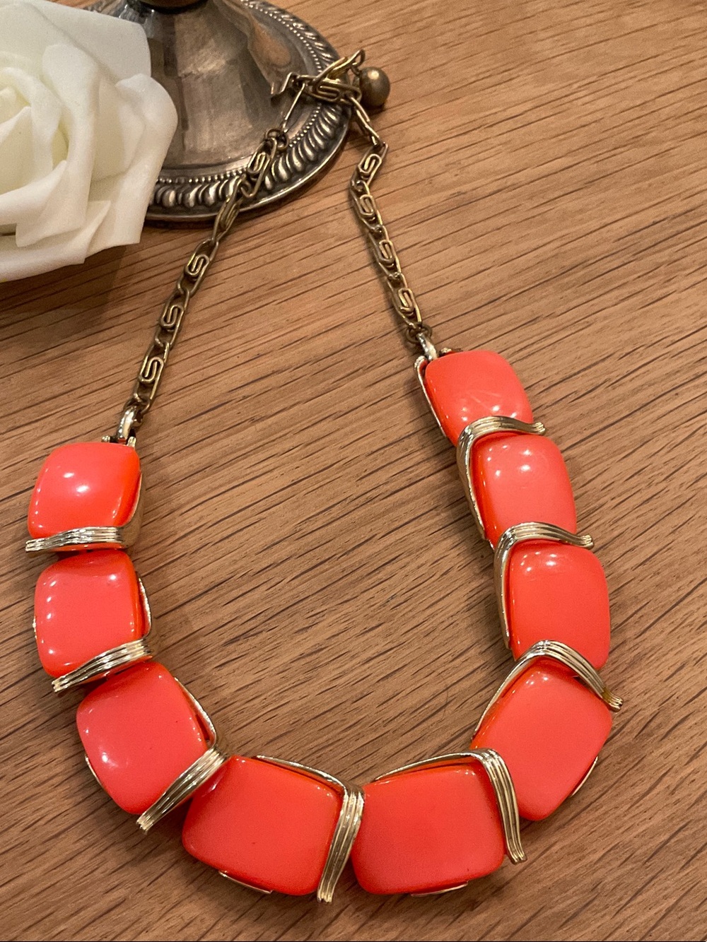Lisner Vintage Coral Thermoset Gold-Trim Statement Necklace 1950’s
“Moonglow”